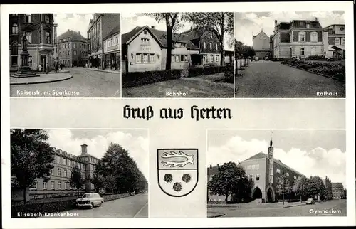 Wappen Ak Herten NRW, Kaiserstraße, Sparkasse, Bahnhof, Rathaus, Elisabeth Krankenhaus, Gymnasium