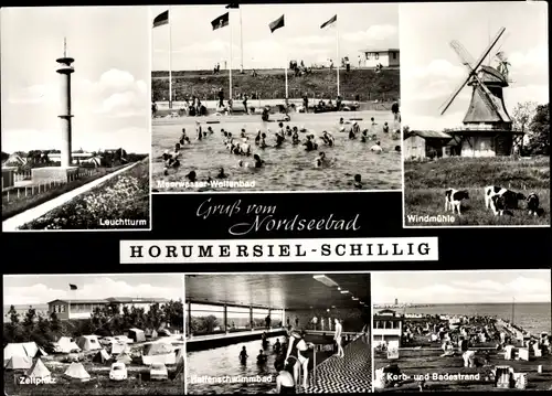 Ak Horumersiel Schillig Wangerland Friesland, Leuchtturm, Windmühle, Bäder, Zeltplatz, Strand