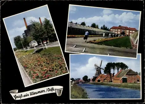 Ak Wiesmoor in Ostfriesland, Straßenpartie, Großgärtnerei, Flusspartie mit Windmühle