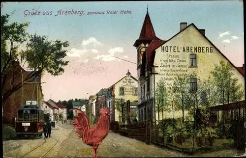 Ak Koblenz in Rheinland Pfalz, Roter Hahn, Hotel Arenberg, Straßenbahn