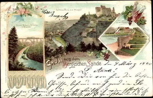 Litho Burg an der Wupper Solingen, Bergisches Land, Kaiser Wilhelm Brücke, Schloss Burg, Talsperre