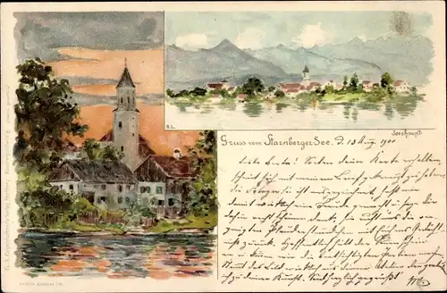 Künstler Litho Seeshaupt am Starnberger See, Gesamtansicht, Kirche