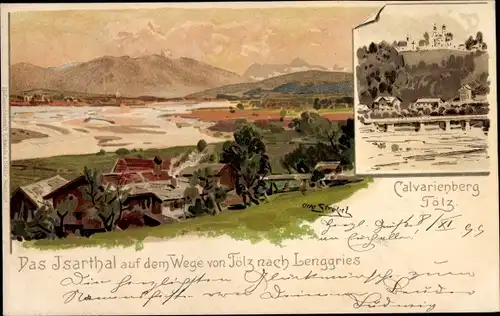 Künstler Litho Strützel, Otto, Bad Tölz im Isartal Oberbayern, Kalvarienberg, Isartal nach Lenggries