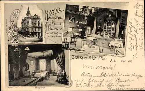 Ak Hagen in Westfalen, Hotel Monopol, Weinzimmer, Elberfelder Str. Ecke Kempstraße
