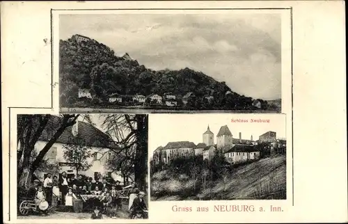 Ak Neuburg am Inn Niederbayern, Panorama, Schloss Neuburg, Gastwirtschaft