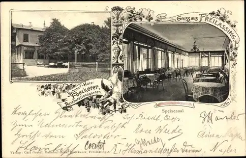 Ak Freilassing in Oberbayern, Bahnhof Hotel Foeckerer, Restaurationsgarten, Speisesaal