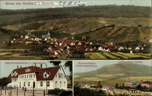 Ak Grunbach Remshalden in Württemberg, Bahnhofrestauration, Kohlensäurenwerke, Löfflundsche Fabrik