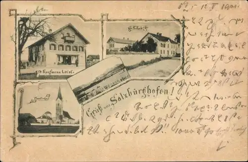 Ak Salzburghofen Freilassing in Oberbayern, Kaufmann Leisl, Schule, Pfarrkirche