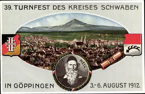Wappen Ak Göppingen in Württemberg, 39. Turnfest des Kreises Schwaben 1912, Gut Heil, Turnvater Jahn