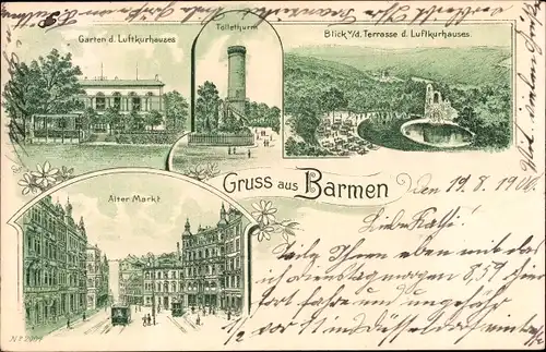 Litho Barmen Wuppertal in Nordrhein Westfalen, Garten, Luftkurhaus, Turm, Alter Markt