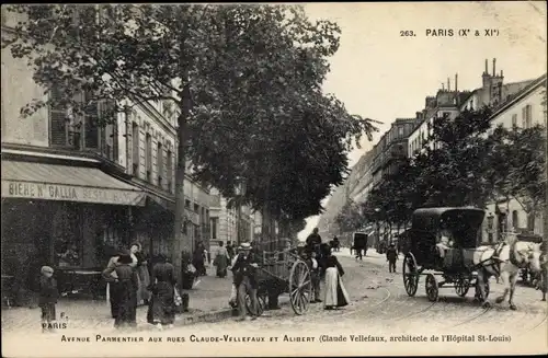 Ak Paris XI. Arrondissement Popincourt, Avenue Parmentier aux Rues Claude Vellefaux et Alibert