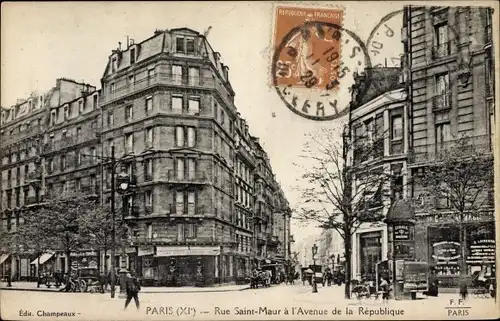 Ak Paris XI. Arrondissement Popincourt, Rue Saint Maur a l'Avenue de la Republique