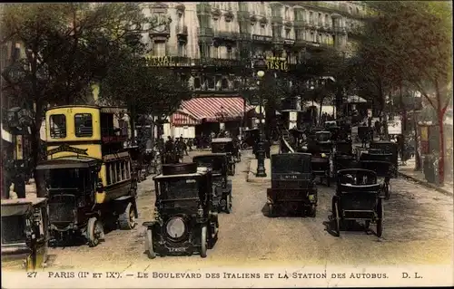 Ak Paris II. Arrondissement Bourse, Le Boulevard des Italiens et la Station des Autobus