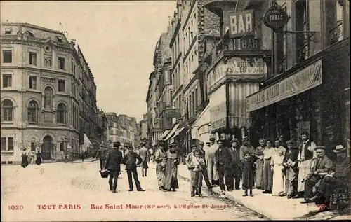 Ak Paris XI. Arrondissement Popincourt, Rue Saint Maur a l'Eglise Saint Joseph