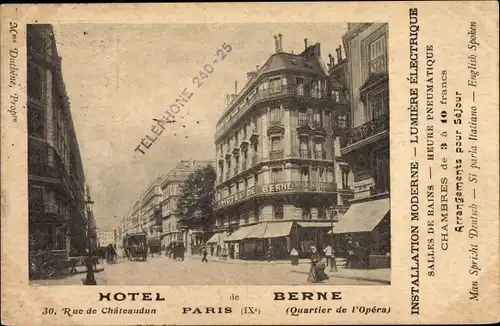 Ak Paris IX., Hotel de Berne, Rue de Chateaudun