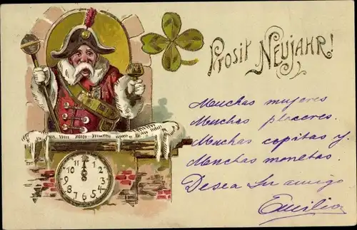Präge Litho Glückwunsch Neujahr, Mann mit Weinglas, Uhr, Kleeblatt
