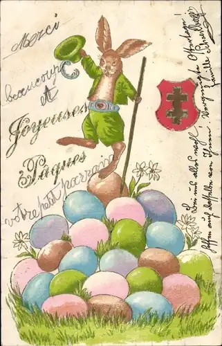 Präge Litho Glückwunsch Ostern, Osterhase auf einem Eierberg