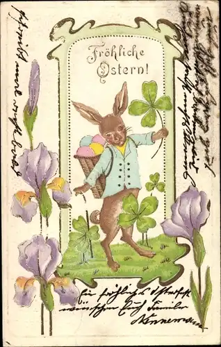 Präge Litho Glückwunsch Ostern, Osterhase mit Rückentrage, Eiern, Kleeblätter, Iris
