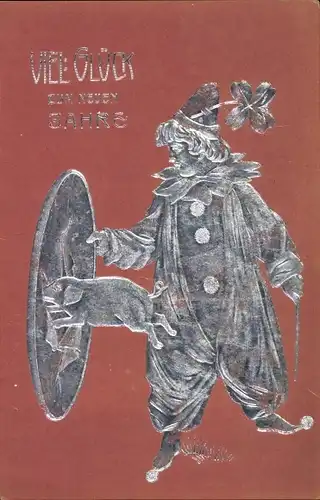 Präge Litho Glückwunsch Neujahr, Clown mit dressiertem Schwein, Kleeblatt