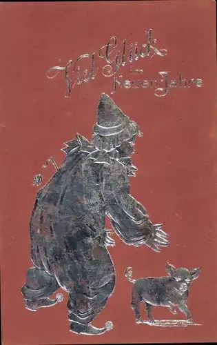 Präge Litho Glückwunsch Neujahr, Clown mit Schwein