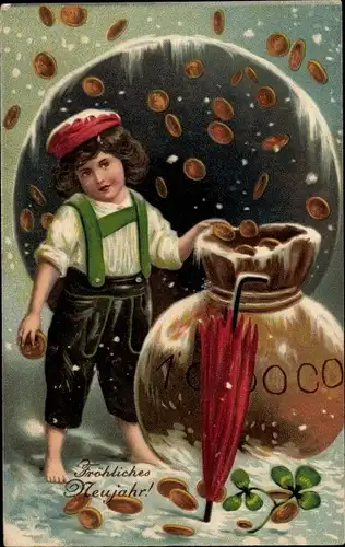 Winter Präge Litho Glückwunsch Neujahr, Kind, Geldregen, Kleeblätter
