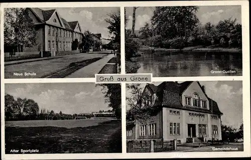 Ak Grone Göttingen in Niedersachsen, Neue Schule, Alter Sportplatz, Gemeindehaus, Gronequellen
