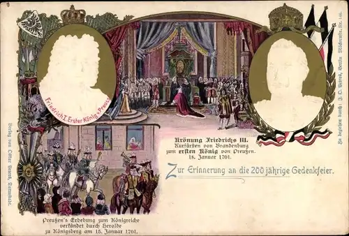 Präge Litho Krönung Friedrichs III, Kaiser Wilhelm II., Portrait, Preußens Erhebung zum Königreich