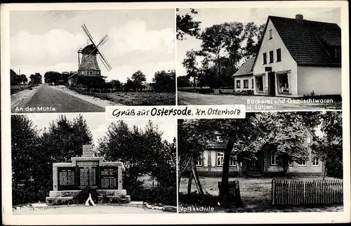 Ak Ostersode Worpswede in Niedersachsen, Mühle, Bäckerei, Handlung, Ehrenmal, Volksschule