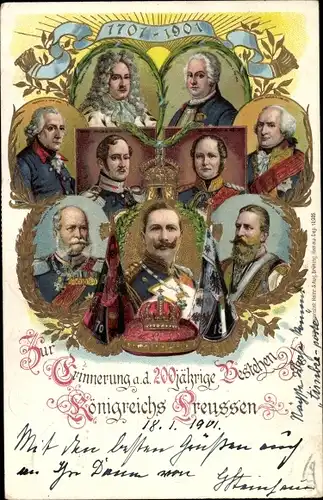 Litho 200 Jahre Königreich Preußen 1701-1901, Kaiser Wilhelm II, König Friedrich II, Friedrich III