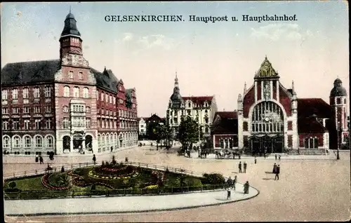 Ak Gelsenkirchen im Ruhrgebiet, Hauptpost, Hauptbahnhof, Straßenseite