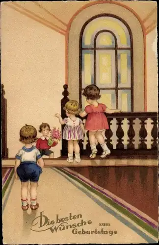 Ak Glückwunsch Geburtstag, Kinder an der Treppe, Besuch mit Blumenstrauß