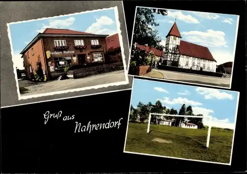 Ak Nahrendorf in der Lüneburger Heide, Geschäft, Fachwerkhaus, Sportplatz