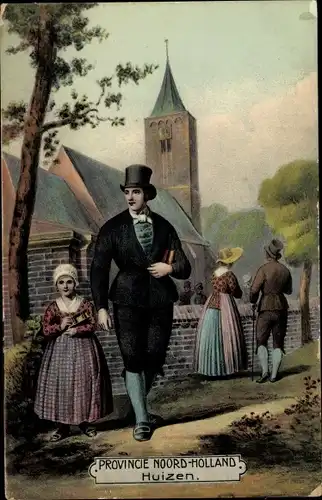Ak Huizen Nordholland Niederlande, Kirche, Personen in historischer Kleidung