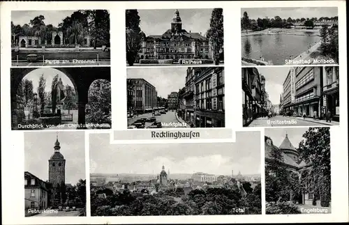 Ak Recklinghausen im Ruhrgebiet, Strandbad, Rathaus, Breitestraße, Petruskirche, Engelsburg, Totale