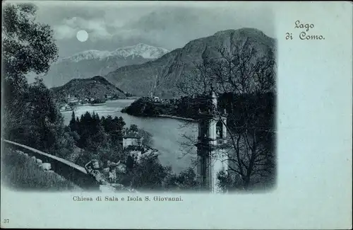 Mondschein Ak Lago di Como Lombardia, Chiesa di Sala e Isola S. Giovanni