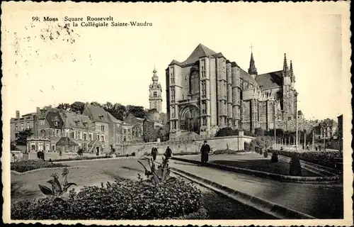 Ak Mons Wallonien Hennegau, Square Roosevelt et la Collegiale Sainte Waudru