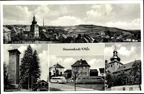 Ak Stammbach in Oberfranken, Blick vom Schulhaus gegen Weissenstein, Aussichtsturm, Omnibusse