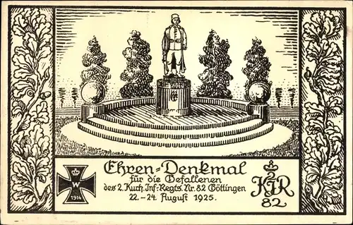 Künstler Ak Göttingen in Niedersachsen, Ehrendenkmal f. d. Gefallenen d. 2. Kurh. Inf. Regts. Nr. 82