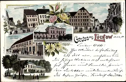 Litho Lüchow im Wendland, Lange Straße, Burgstraße, Schlossturm, Sasse's Hotel zur Krone, Bahnhof