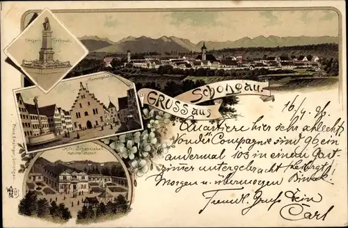 Litho Schongau in Oberbayern, Marienplatz, Kriegerdenkmal, Hotel Johannisbad Naturheilanstalt