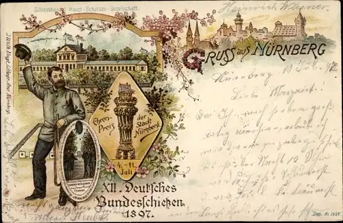 Litho Nürnberg in Mittelfranken Bayern, XII. Deutsches Bundesschießen 1897, Pokal, Schießhaus