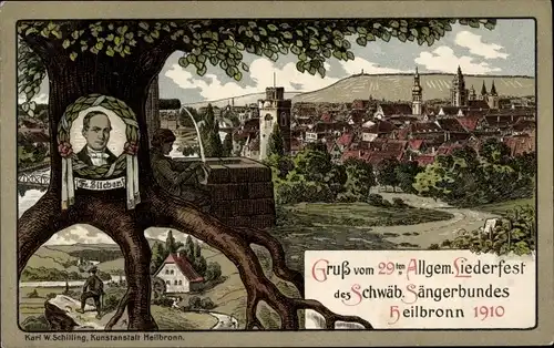 Litho Heilbronn am Neckar, Liederfest des Schwäb. Sängerbundes 1910, Komponist Silcher, Totale