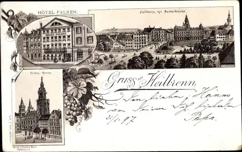 Litho Heilbronn am Neckar, Hotel Falken, Kilians Kirche, Neckabrücke