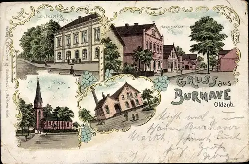 Litho Burhave Butjadingen Wesermarsch, Hauptstraße, Kaufhaus, Kirche, Molkerei