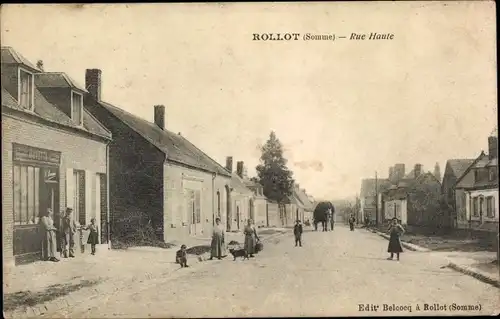 Ak Rollot Somme, Rue Haute, Anwohner, Heuwagen