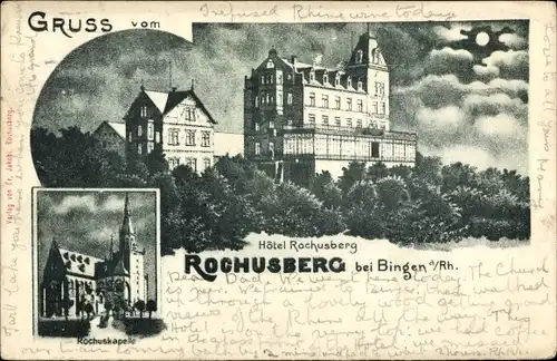 Mondschein Ak Bingen am Rhein, Rochusberg, Hotel Rochusberg, Rochuskapelle