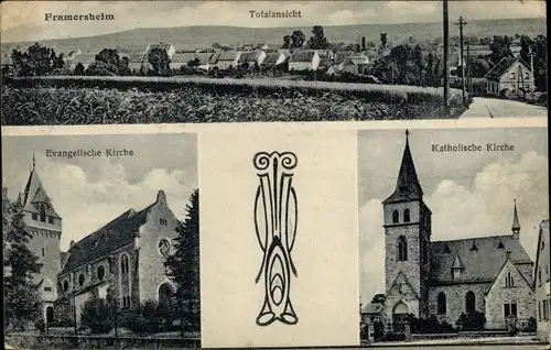 Ak Framersheim in Rheinhessen, Evangelische Kirche, Katholische Kirche, Totalansicht