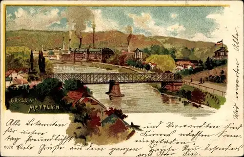 Litho Mettlach im Saarland, Totalansicht, Brücke