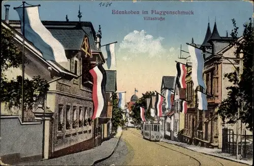 Ak Edenkoben an der Weinstraße, Villastraße, Flaggenschmuck, Straßenbahn