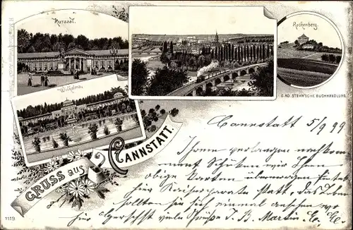 Litho Bad Cannstatt Stuttgart in Württemberg, Kursaal, Wilhelma, Rothenberg, Panorama